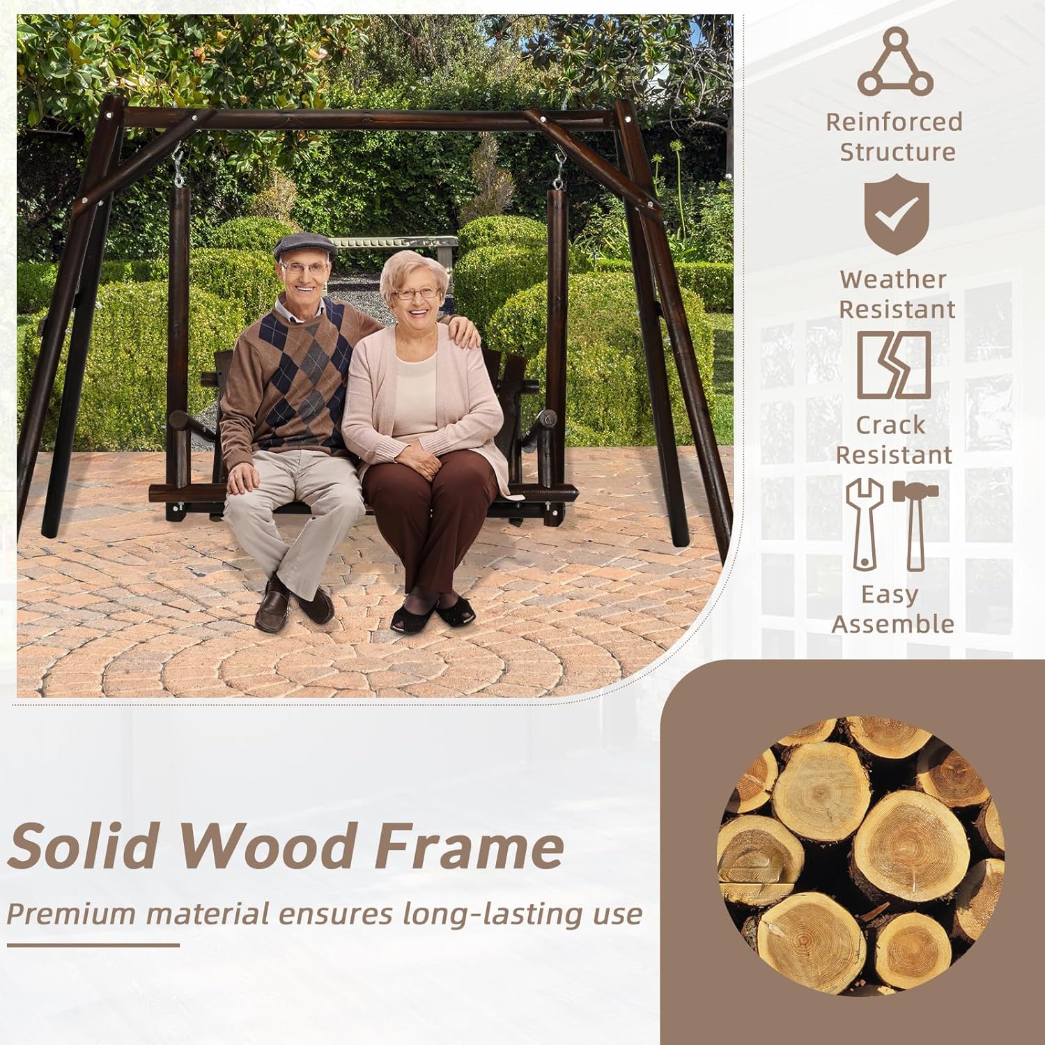 2-Seat Porch Swing, Wooden Log Patio Swings Chair Bench with Stand, Rustic Hardwood Swing Chair with Curved Back, Wood Seating Porch Swings for Outside Yard, Garden, Deck, Poolside, Carbonized