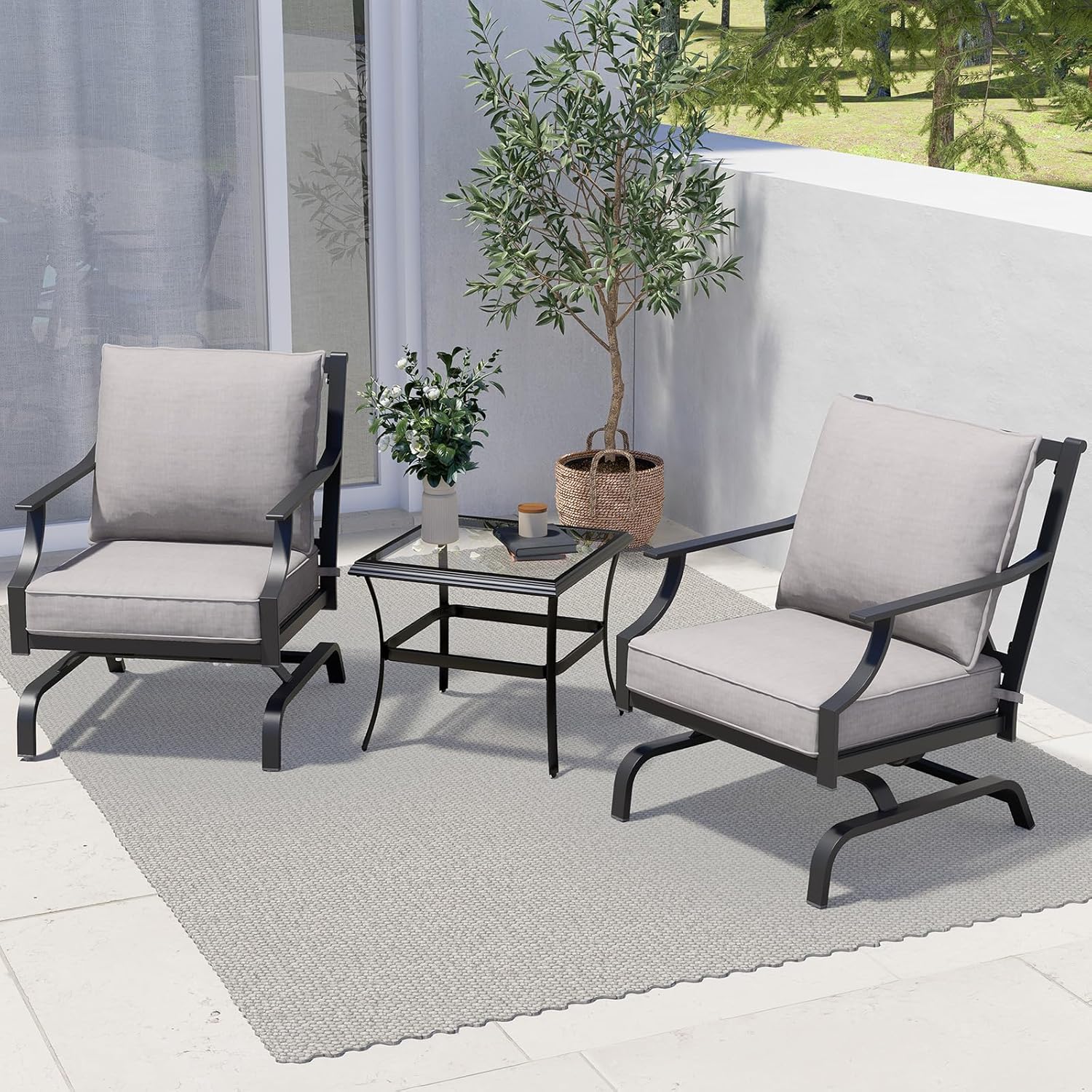 Grand patio 3-Piece Furniture Seating Motion Chairs Set Outdoor Bistro Set Patio Conversation Sets Glider Rocking Chair with Comfortable Gray Cushions Square Coffee Table for Garden Lawn & Poolside