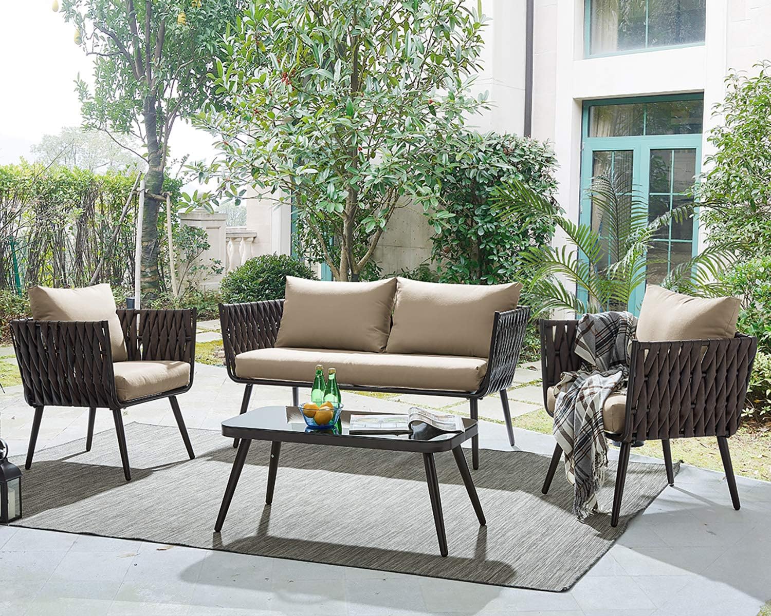 Barton 4 Piece Bistro Sofa Set w/Cushions Coffee Table Outdoor Patio Wicker Rattan Furniture Space Saving
