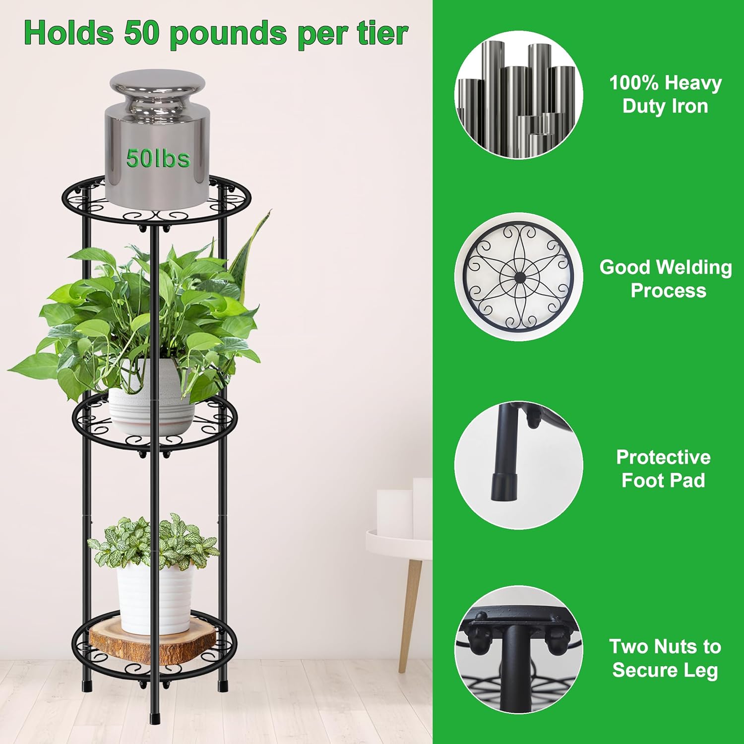 CASIMR Plant Stand Indoor Outdoor, Metal Rustproof Flower Shelf 3 Tier 32.3 inch, Tall Multiple Plant Pot Holder Rack for Garden Patio Living Room Corner Balcony, Black
