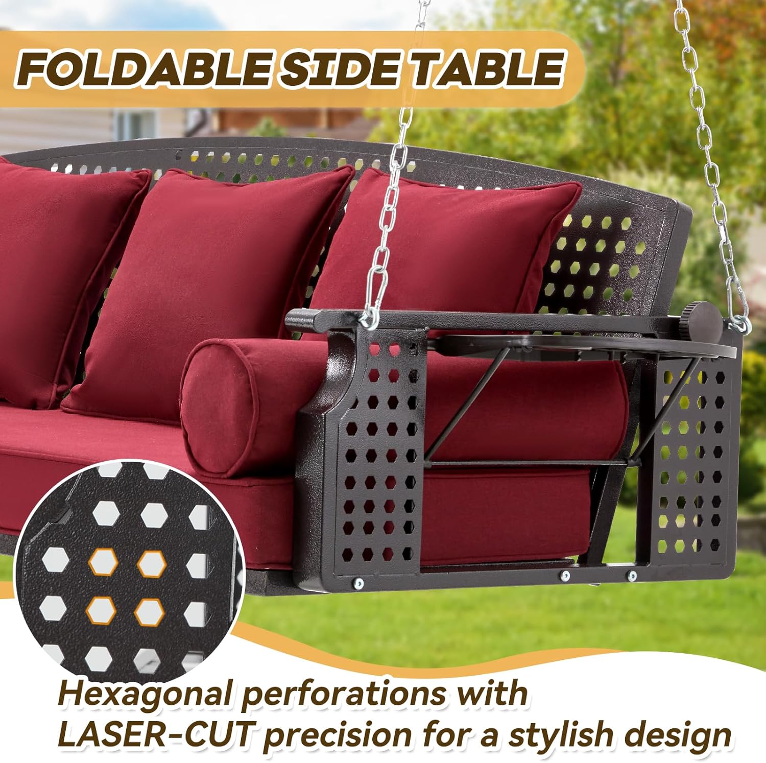 3 Seat Porch Swing, Patio Swing Bench with Cup Holders & 3 Back Cushions, Swing Chair with Chains for Deck Garden Backyard,Red