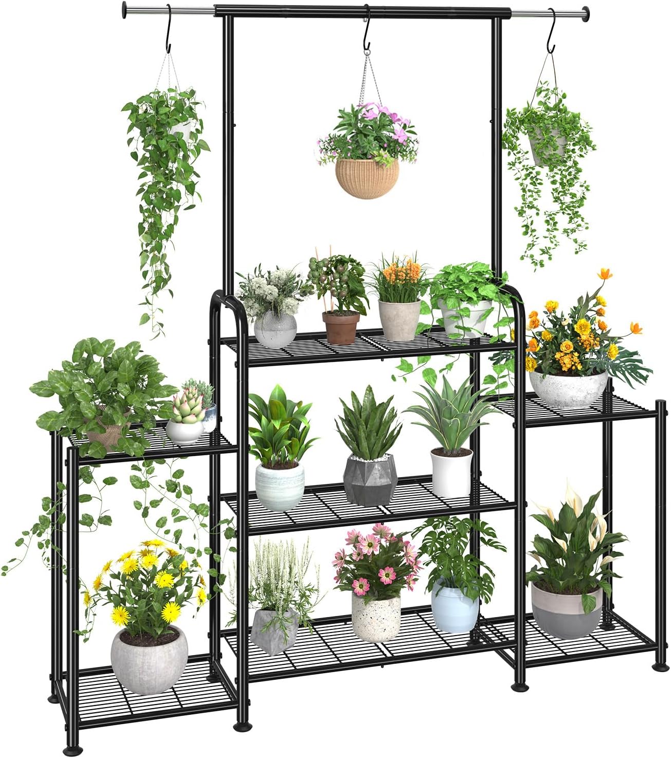 Simple Trending 3 Tier Metal Plant Stand Outdoor Indoor Waterproof, Stackable Heavy Duty Tall Plant Shelf Flower Pot Holder for Garden, Display Rack, Black