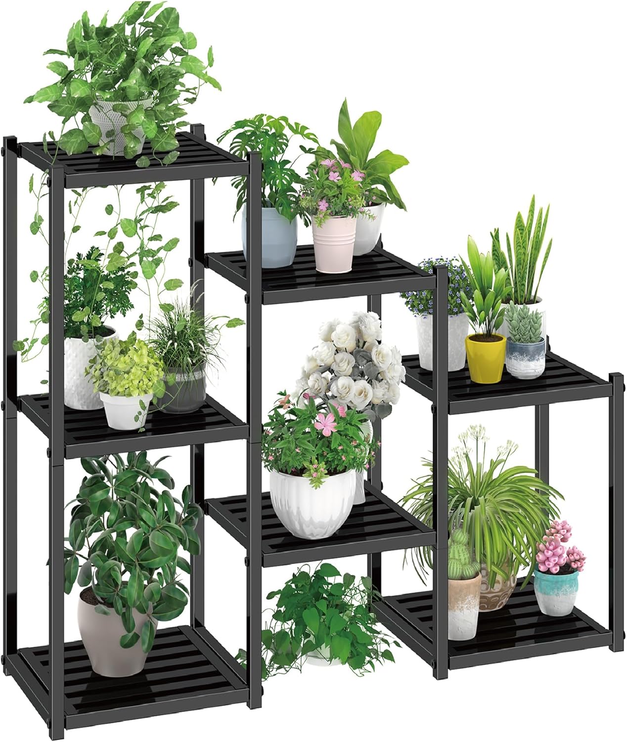 Simple Trending 3 Tier Metal Plant Stand Outdoor Indoor Waterproof, Stackable Heavy Duty Tall Plant Shelf Flower Pot Holder for Garden, Display Rack, Black