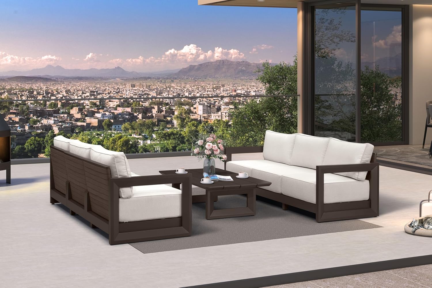 PURPLE LEAF 4-Pieces Wicker Patio Conversation Set Outdoor Rattan Sofa Patio Furniture Set with High-Density Cushions and Aluminum Coffee Table for Backyard Porch Poolside, Dark Grey