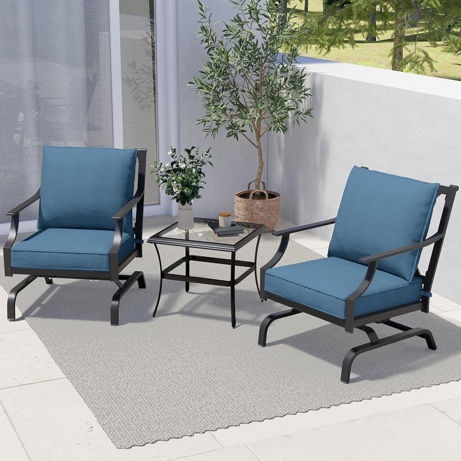 Grand patio 3-Piece Furniture Seating Motion Chairs Set Outdoor Bistro Set Patio Conversation Sets Glider Rocking Chair with Comfortable Gray Cushions Square Coffee Table for Garden Lawn & Poolside