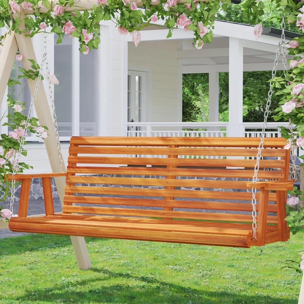 U-MAX 5.5FT Wooden Porch Swing, Patio Swing with Cup Holders & Chains, 880Lbs Weight Capacity Outdoor Swing Chair Bench for Courtyard & Garden