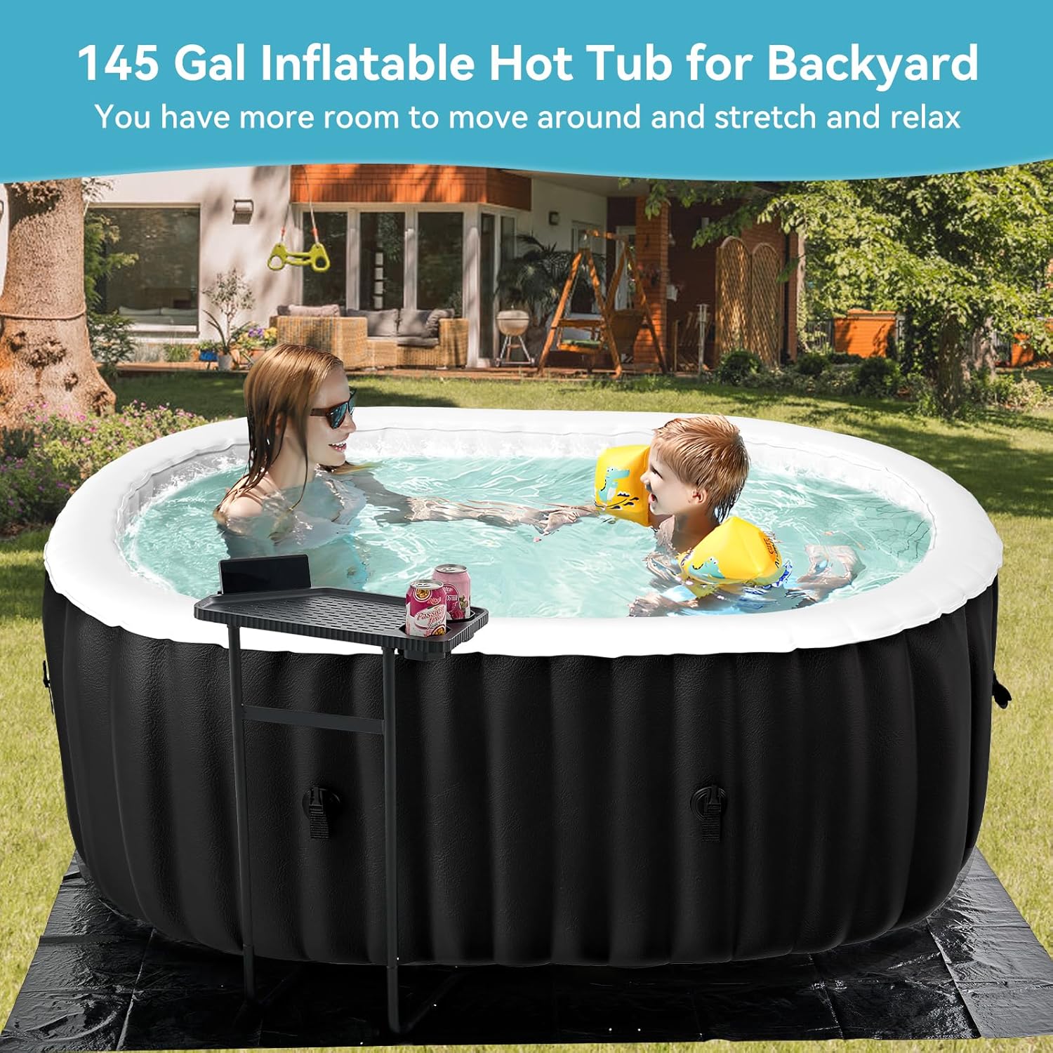 Inflatable Blow Up Hot Tub with Side Table, 2 Person Oval Portable Hot Tub Spa, Leak-Proof PVC Outdoor Spa with 100 Air Jets, Heater Pump and Insulated Cover, 75” L X 47”W X 25”H