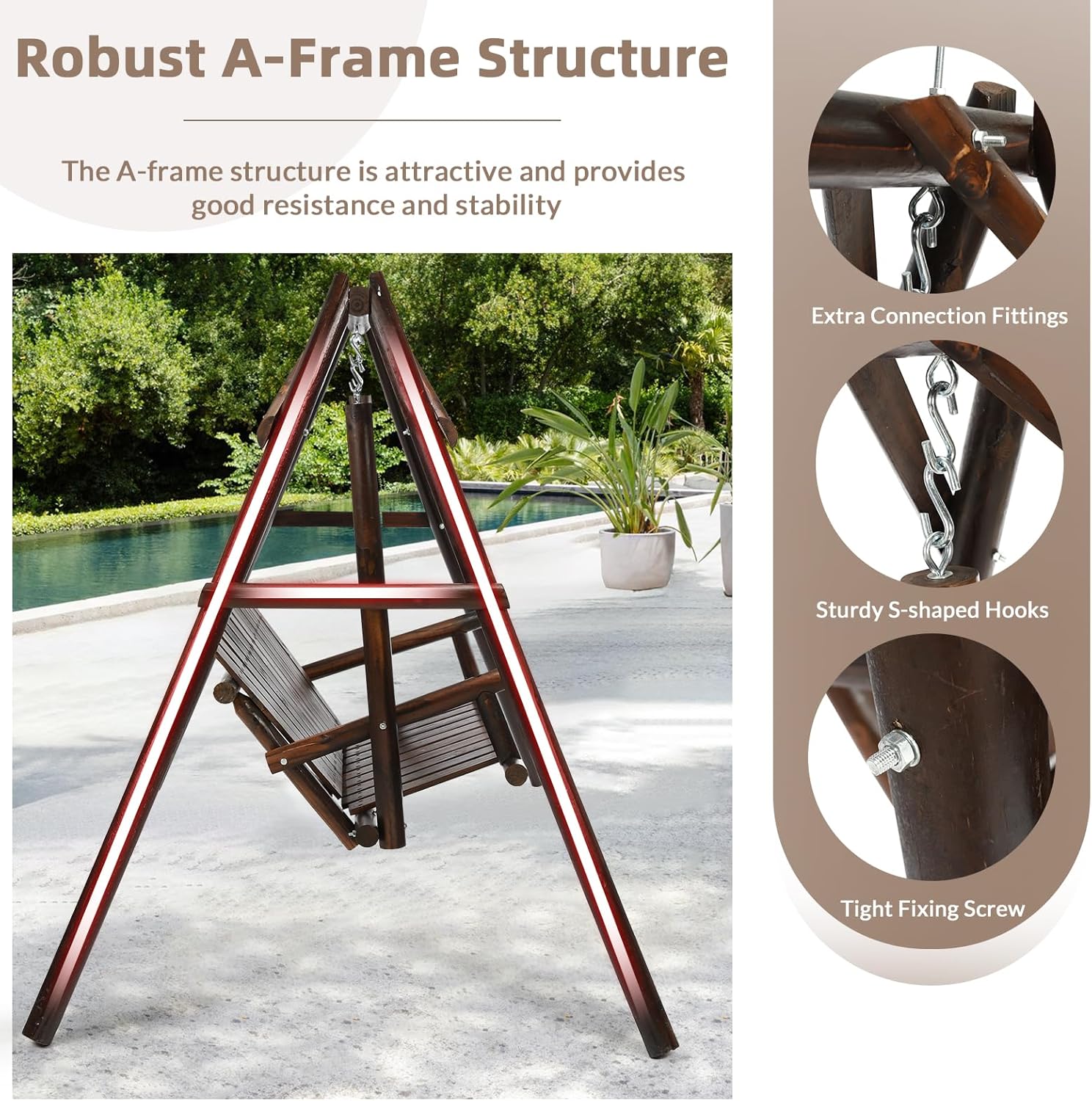 2-Seat Porch Swing, Wooden Log Patio Swings Chair Bench with Stand, Rustic Hardwood Swing Chair with Curved Back, Wood Seating Porch Swings for Outside Yard, Garden, Deck, Poolside, Carbonized