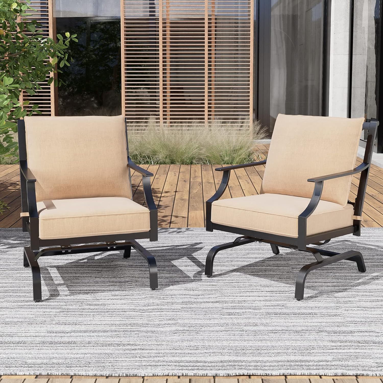 Grand patio 3-Piece Furniture Seating Motion Chairs Set Outdoor Bistro Set Patio Conversation Sets Glider Rocking Chair with Comfortable Gray Cushions Square Coffee Table for Garden Lawn & Poolside
