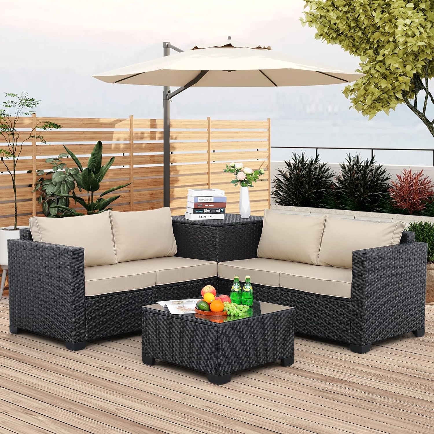 Outdoor PE Wicker Patio Furniture Set 4 Piece Black Rattan Sectional Loveseat Couch Set Conversation Sofa with Storage Box Glass Top Table and Non-Slip Grey Cushion