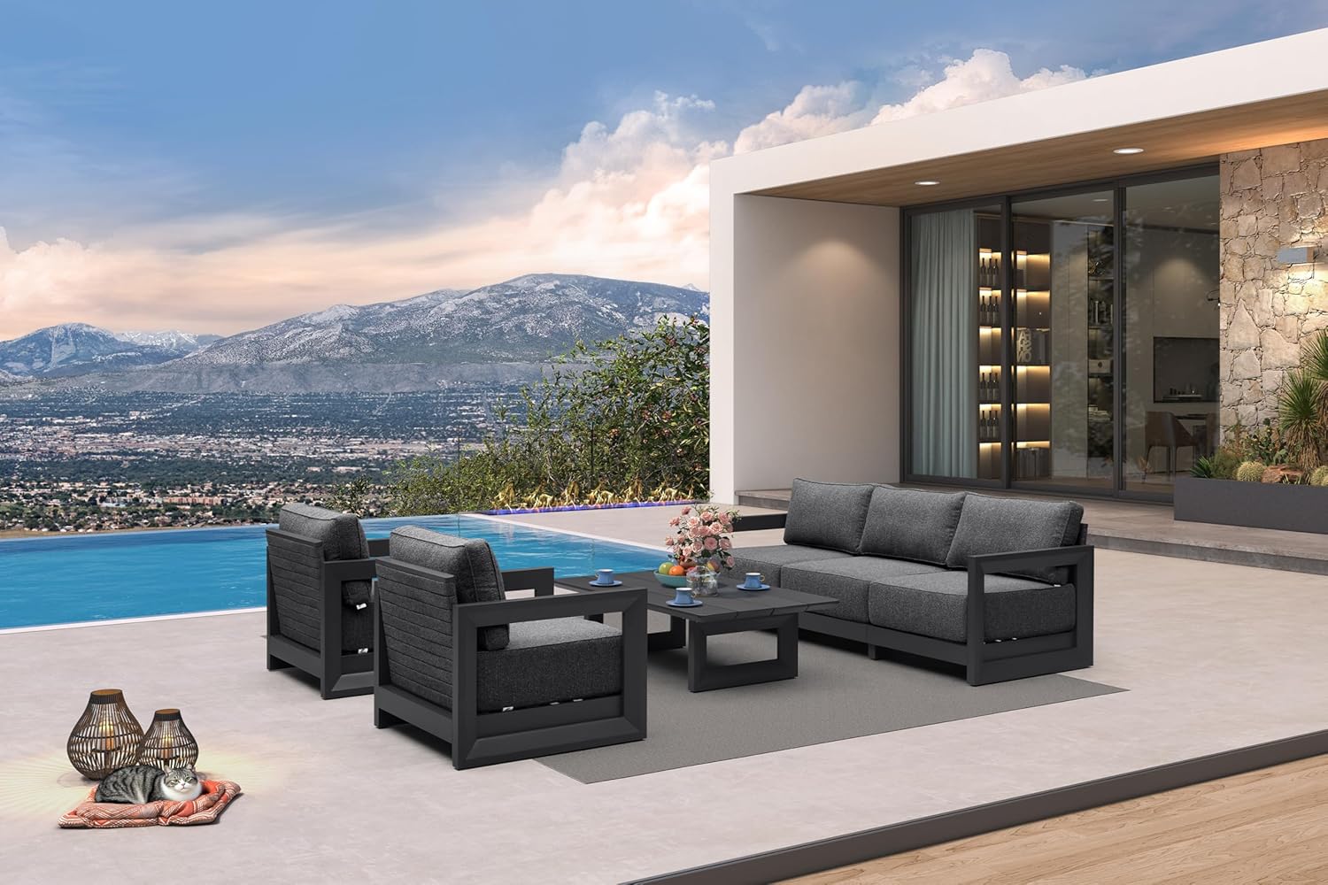 PURPLE LEAF 4-Pieces Wicker Patio Conversation Set Outdoor Rattan Sofa Patio Furniture Set with High-Density Cushions and Aluminum Coffee Table for Backyard Porch Poolside, Dark Grey