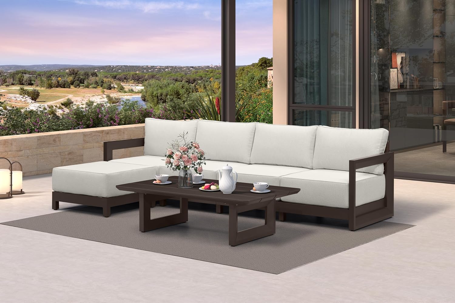 PURPLE LEAF 4-Pieces Wicker Patio Conversation Set Outdoor Rattan Sofa Patio Furniture Set with High-Density Cushions and Aluminum Coffee Table for Backyard Porch Poolside, Dark Grey