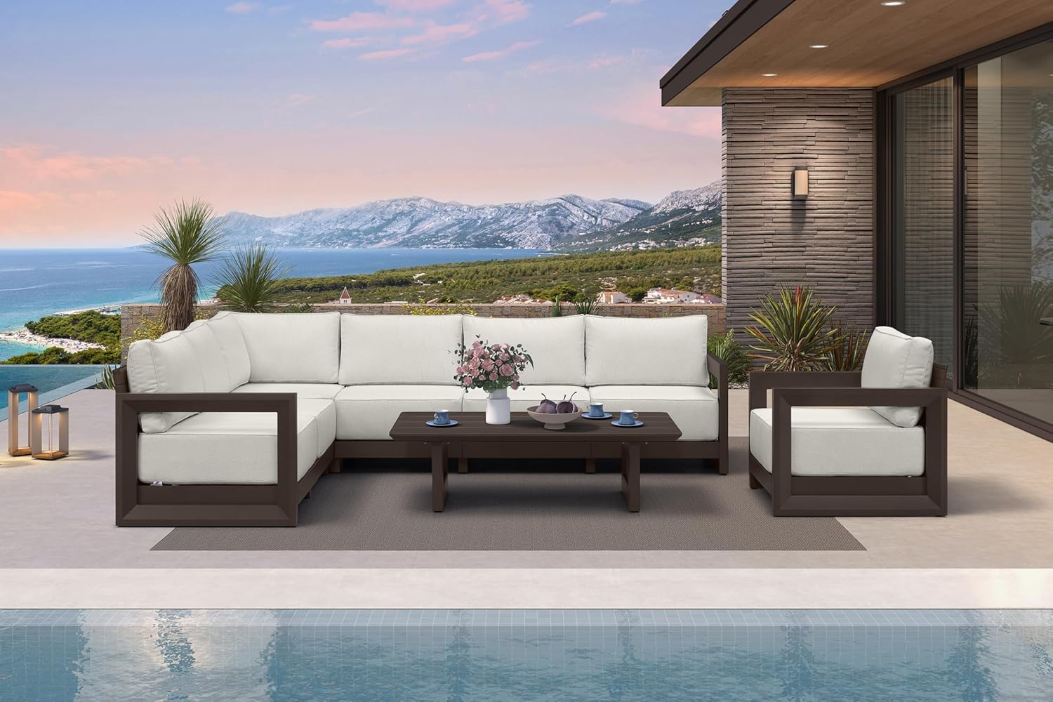 PURPLE LEAF 4-Pieces Wicker Patio Conversation Set Outdoor Rattan Sofa Patio Furniture Set with High-Density Cushions and Aluminum Coffee Table for Backyard Porch Poolside, Dark Grey