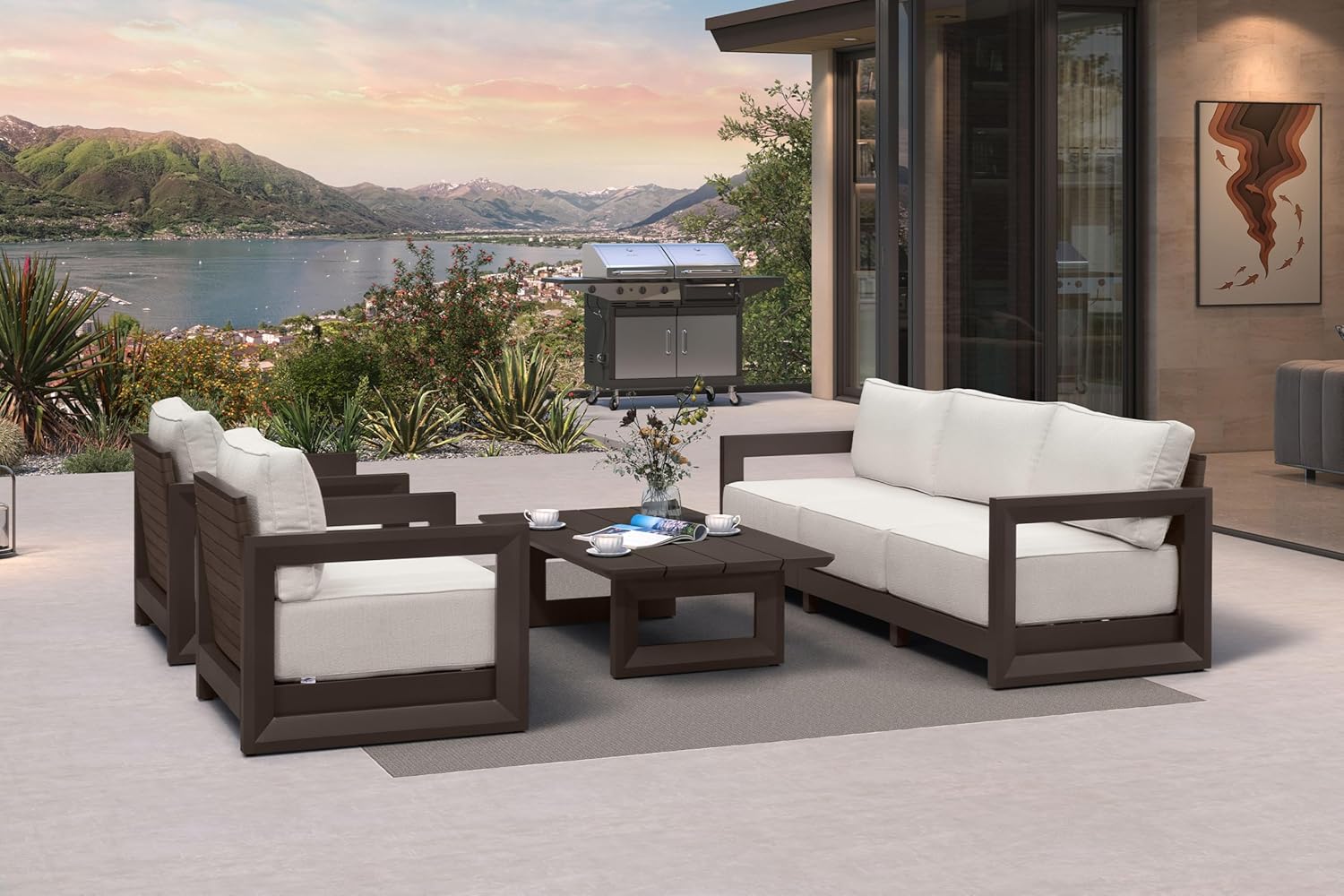 PURPLE LEAF 4-Pieces Wicker Patio Conversation Set Outdoor Rattan Sofa Patio Furniture Set with High-Density Cushions and Aluminum Coffee Table for Backyard Porch Poolside, Dark Grey