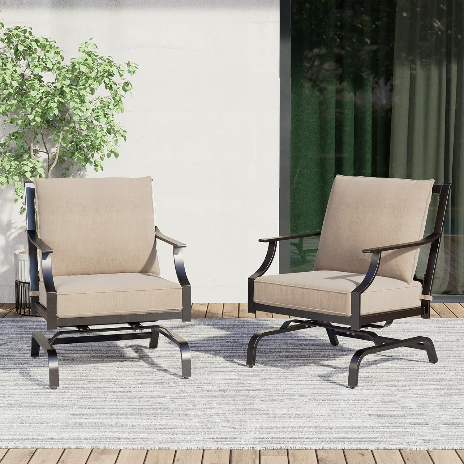 Grand patio 3-Piece Furniture Seating Motion Chairs Set Outdoor Bistro Set Patio Conversation Sets Glider Rocking Chair with Comfortable Gray Cushions Square Coffee Table for Garden Lawn & Poolside