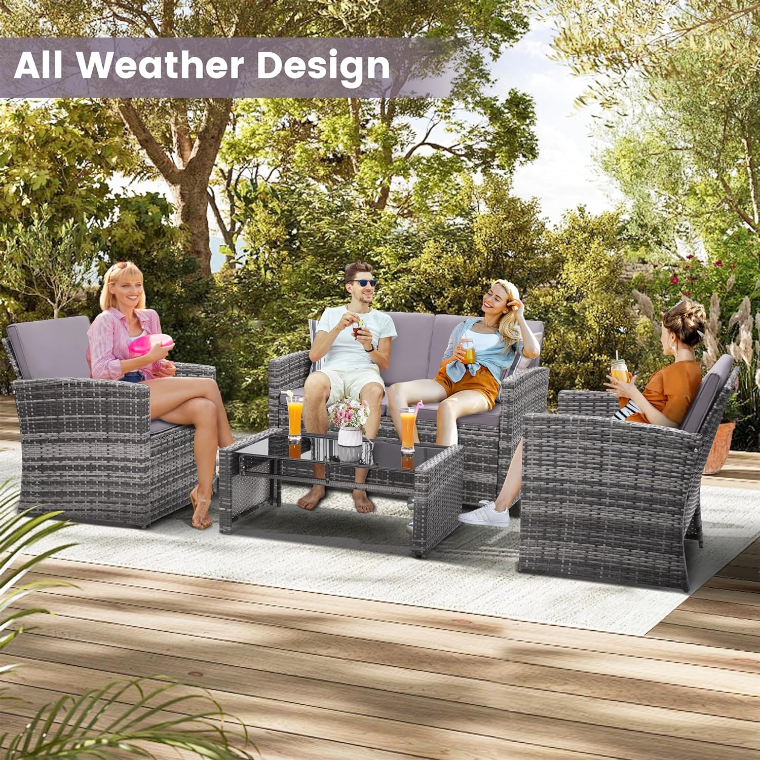 4 Pieces Patio Conversation Set, Outside Rattan Sectional Sofa, Cushioned Furniture Set, Wicker Sofa Ideal for Garden, Porch, Backyard, Grey Color Rattan and Light Grey Cushion
