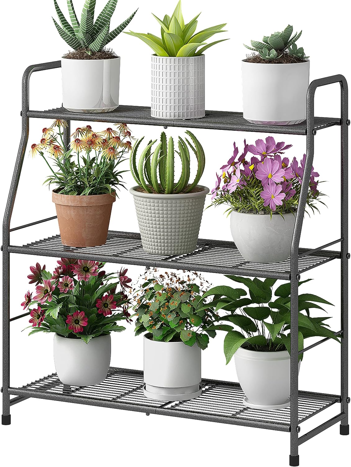 Simple Trending 3 Tier Metal Plant Stand Outdoor Indoor Waterproof, Stackable Heavy Duty Tall Plant Shelf Flower Pot Holder for Garden, Display Rack, Black