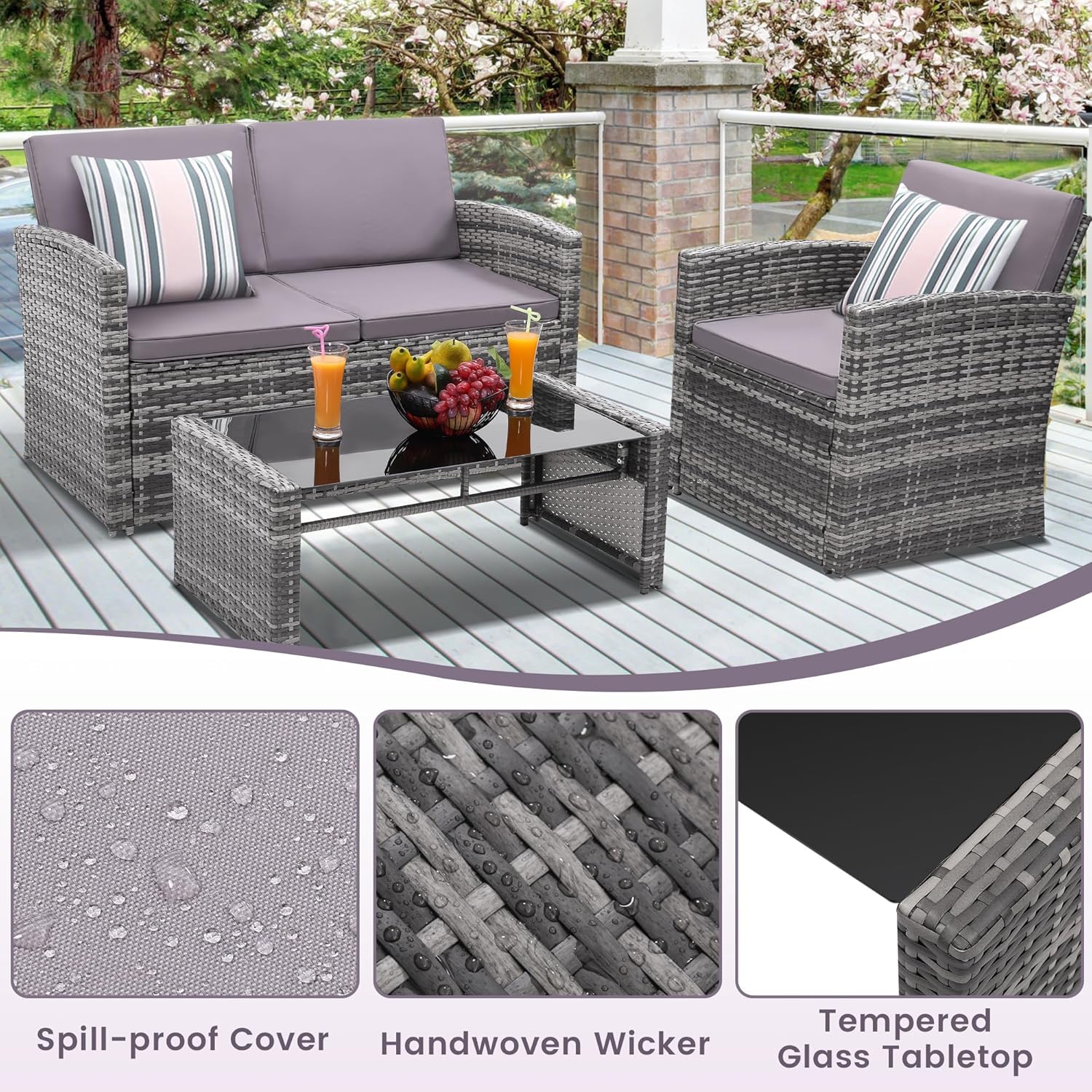 4 Pieces Patio Conversation Set, Outside Rattan Sectional Sofa, Cushioned Furniture Set, Wicker Sofa Ideal for Garden, Porch, Backyard, Grey Color Rattan and Light Grey Cushion