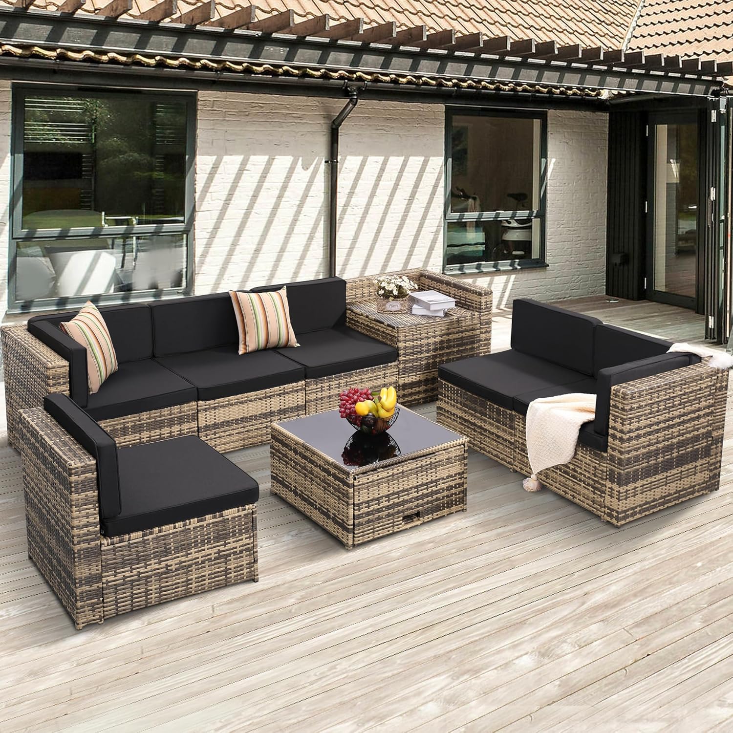 4 Pieces Patio Conversation Set, Outside Rattan Sectional Sofa, Cushioned Furniture Set, Wicker Sofa Ideal for Garden, Porch, Backyard, Grey Color Rattan and Light Grey Cushion
