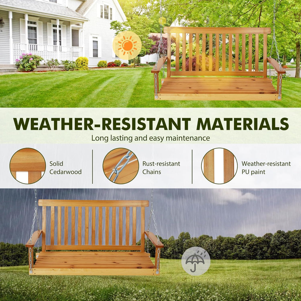 Outdoor Wooden Porch Swing 4FT, Patio Porch Bench Swing, Heavy Duty 440LBS Hanging Swing Chair Beach Outdoor Swings with Hanging Chain, Spring for Garden Deck Patio Outdoor Yard