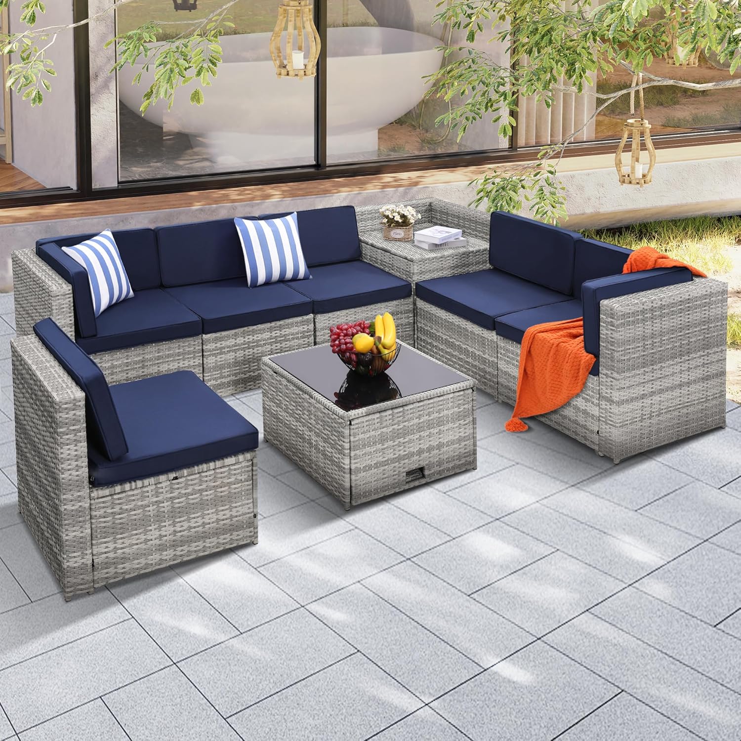 4 Pieces Patio Conversation Set, Outside Rattan Sectional Sofa, Cushioned Furniture Set, Wicker Sofa Ideal for Garden, Porch, Backyard, Grey Color Rattan and Light Grey Cushion
