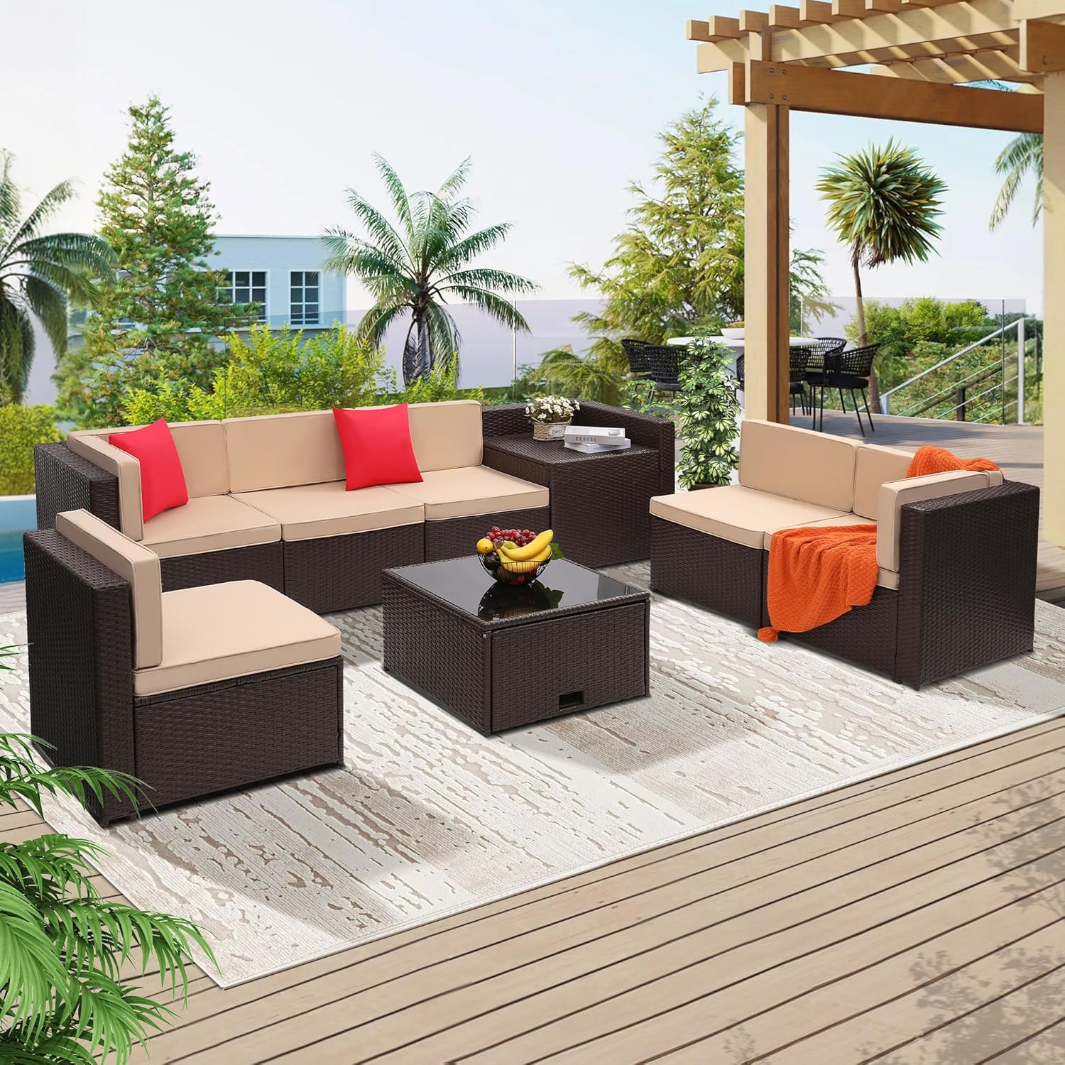 4 Pieces Patio Conversation Set, Outside Rattan Sectional Sofa, Cushioned Furniture Set, Wicker Sofa Ideal for Garden, Porch, Backyard, Grey Color Rattan and Light Grey Cushion