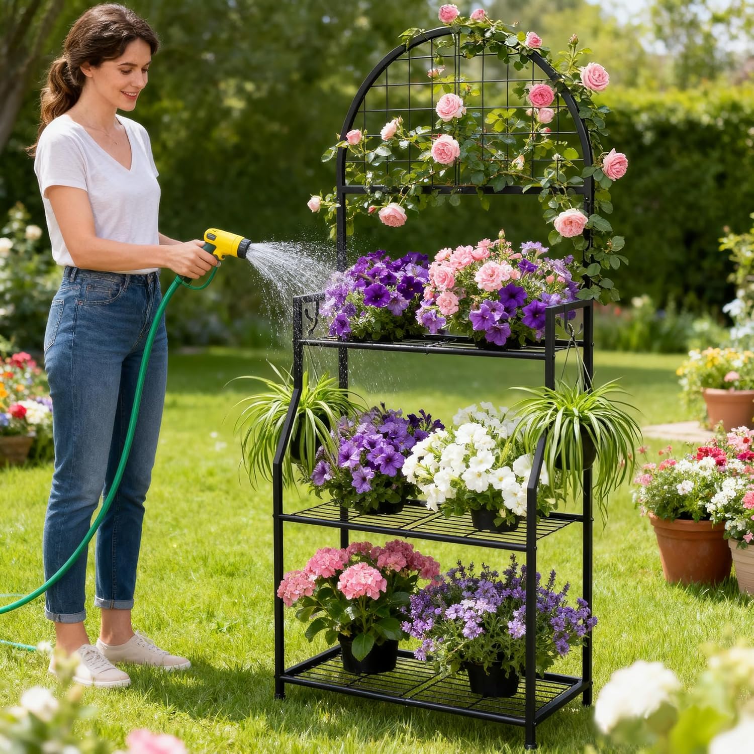 3 Tier Plant Stand Indoor Outdoor, Metal Plant Display Stand Plants Shelf Rack for Multiple Plants, Black Flower Plante Pots Holder for Patio Garden Balcony Living Room