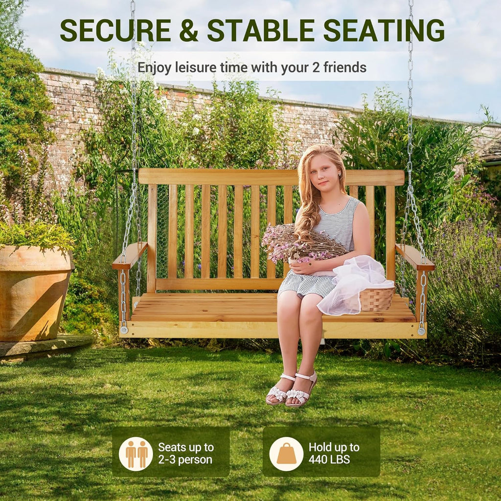 Outdoor Wooden Porch Swing 4FT, Patio Porch Bench Swing, Heavy Duty 440LBS Hanging Swing Chair Beach Outdoor Swings with Hanging Chain, Spring for Garden Deck Patio Outdoor Yard