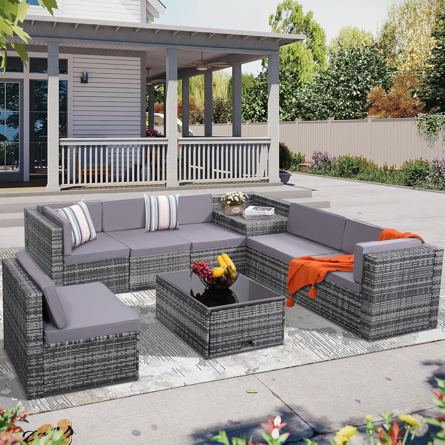 4 Pieces Patio Conversation Set, Outside Rattan Sectional Sofa, Cushioned Furniture Set, Wicker Sofa Ideal for Garden, Porch, Backyard, Grey Color Rattan and Light Grey Cushion