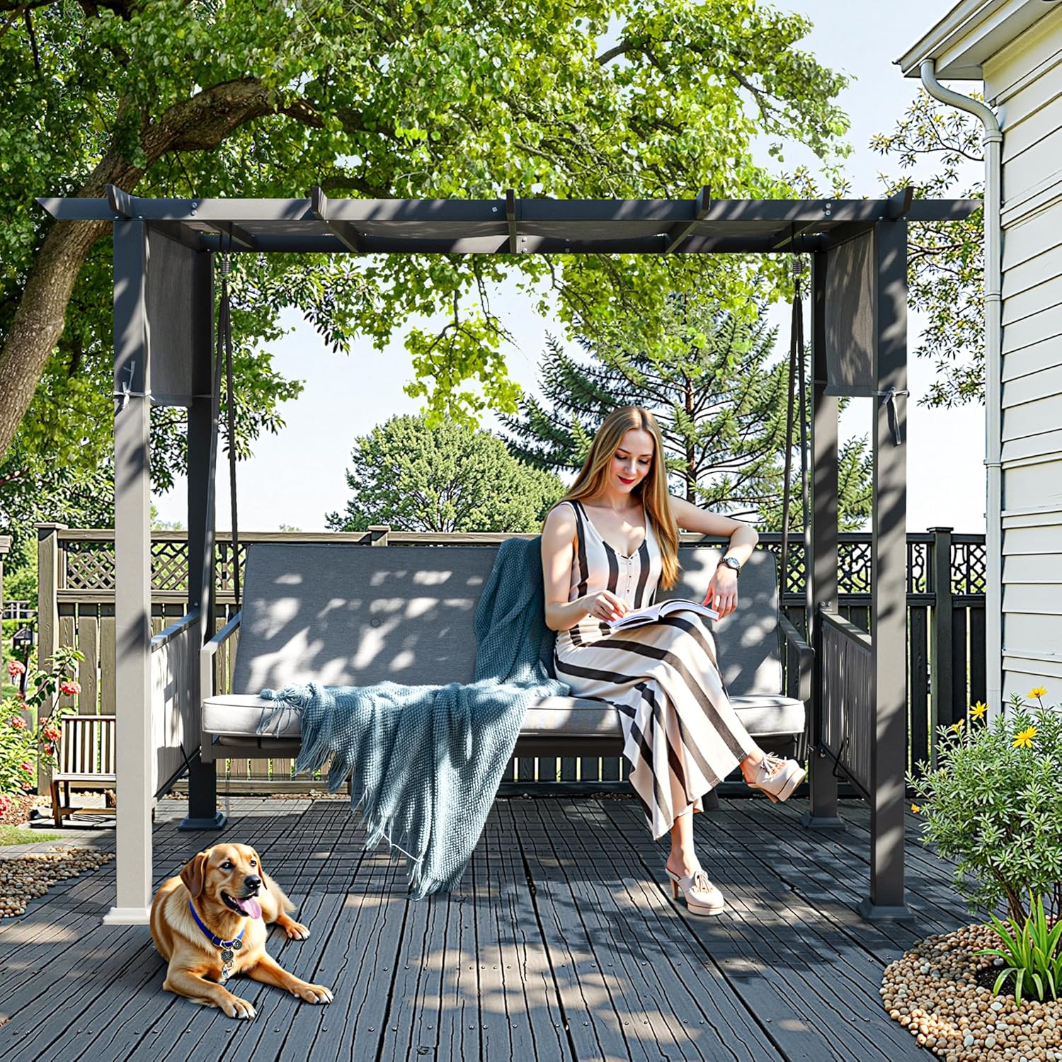 Pamapic 3-Seat Porch Swing Bed with Adjustable Canopy, Outdoor Hanging Swing Chair with Stand, Wicker Armrests, Patio Hammock Swinging for Porch, Backyard, or Garden, Comfortable Cushion, Gray