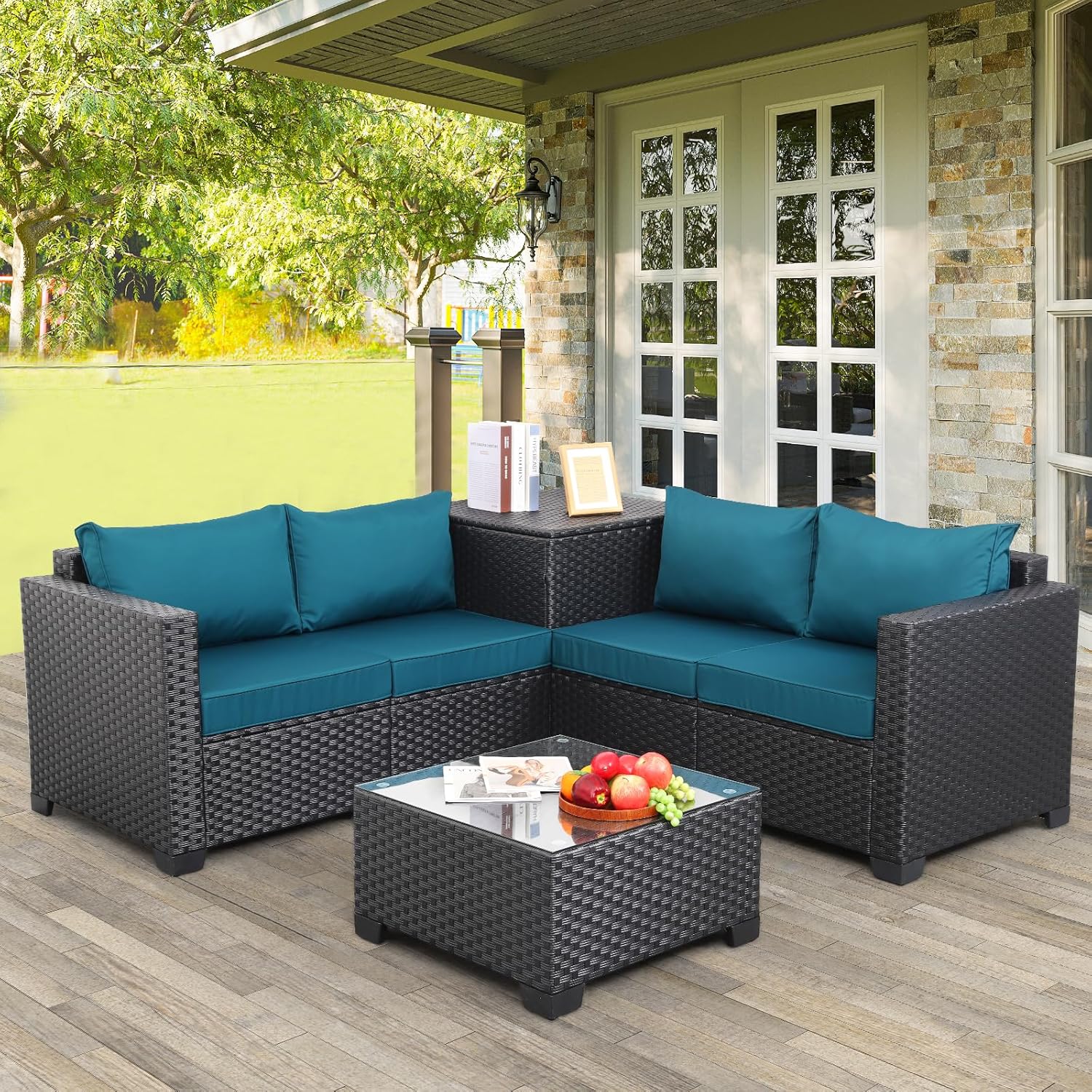 Outdoor PE Wicker Patio Furniture Set 4 Piece Black Rattan Sectional Loveseat Couch Set Conversation Sofa with Storage Box Glass Top Table and Non-Slip Grey Cushion