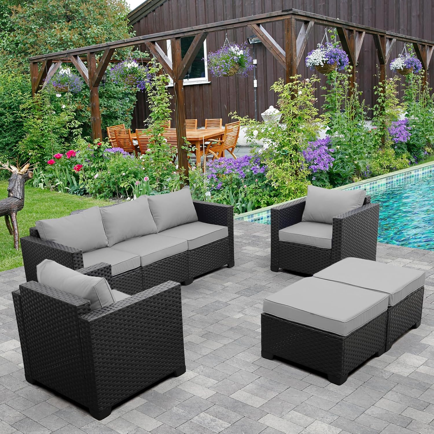 Rattaner Outdoor Wicker Furniture Couch Set 5 Pieces Patio Furniture Sectional Sofa with Grey No-Slip Cushions and Waterproof Covers