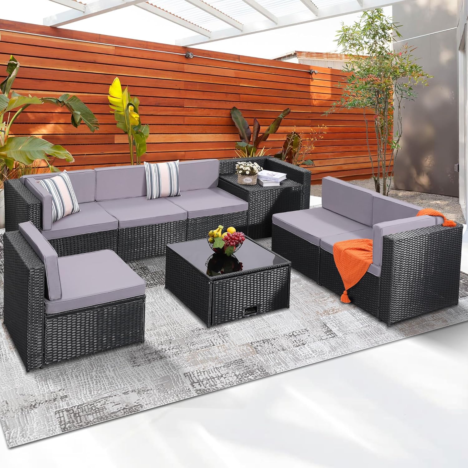 4 Pieces Patio Conversation Set, Outside Rattan Sectional Sofa, Cushioned Furniture Set, Wicker Sofa Ideal for Garden, Porch, Backyard, Grey Color Rattan and Light Grey Cushion