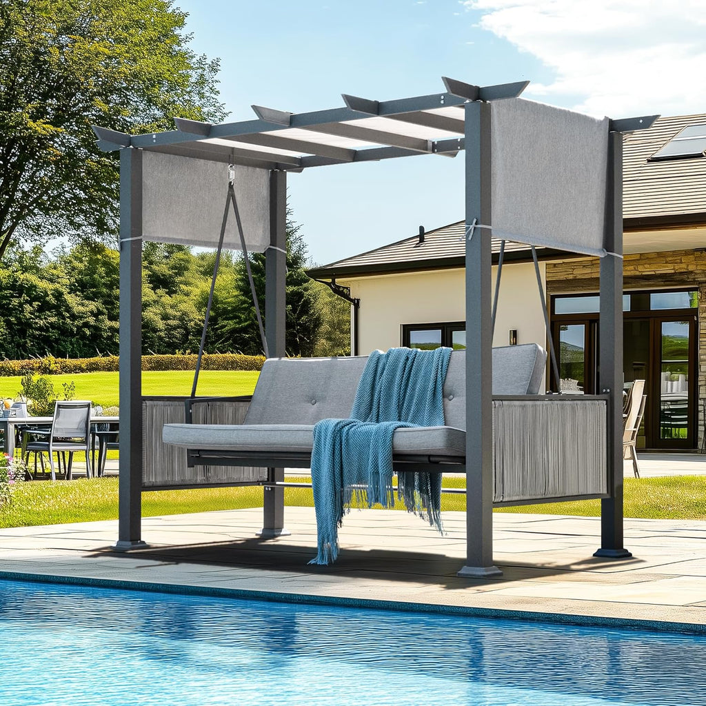 Pamapic 3-Seat Porch Swing Bed with Adjustable Canopy, Outdoor Hanging Swing Chair with Stand, Wicker Armrests, Patio Hammock Swinging for Porch, Backyard, or Garden, Comfortable Cushion, Gray