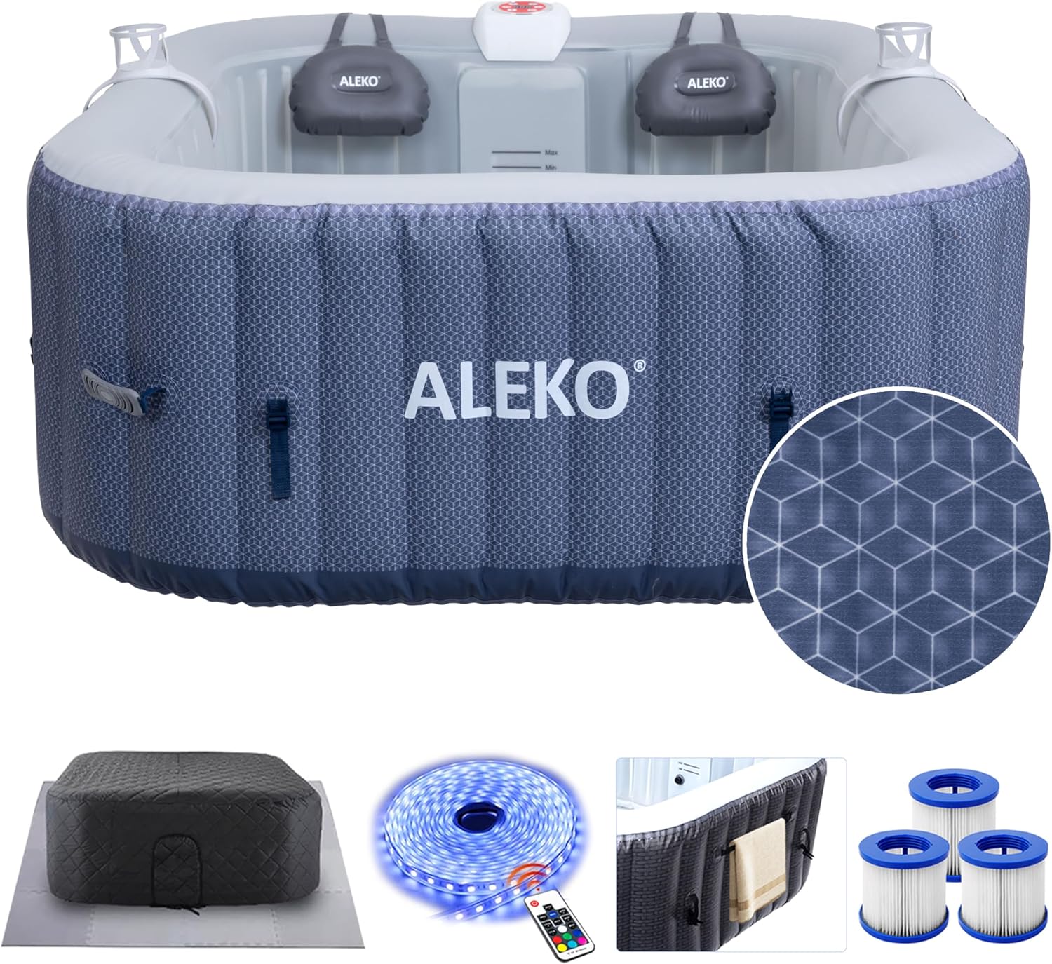 ALEKO Diamond 2-Person Inflatable Jetted Hot Tub | 100 Soothing Bubble Jets | Energy Efficient Cover | LED Lights with 7 Lights | 360-Degree Bubble Massage | 145 Gallon Water Capacity