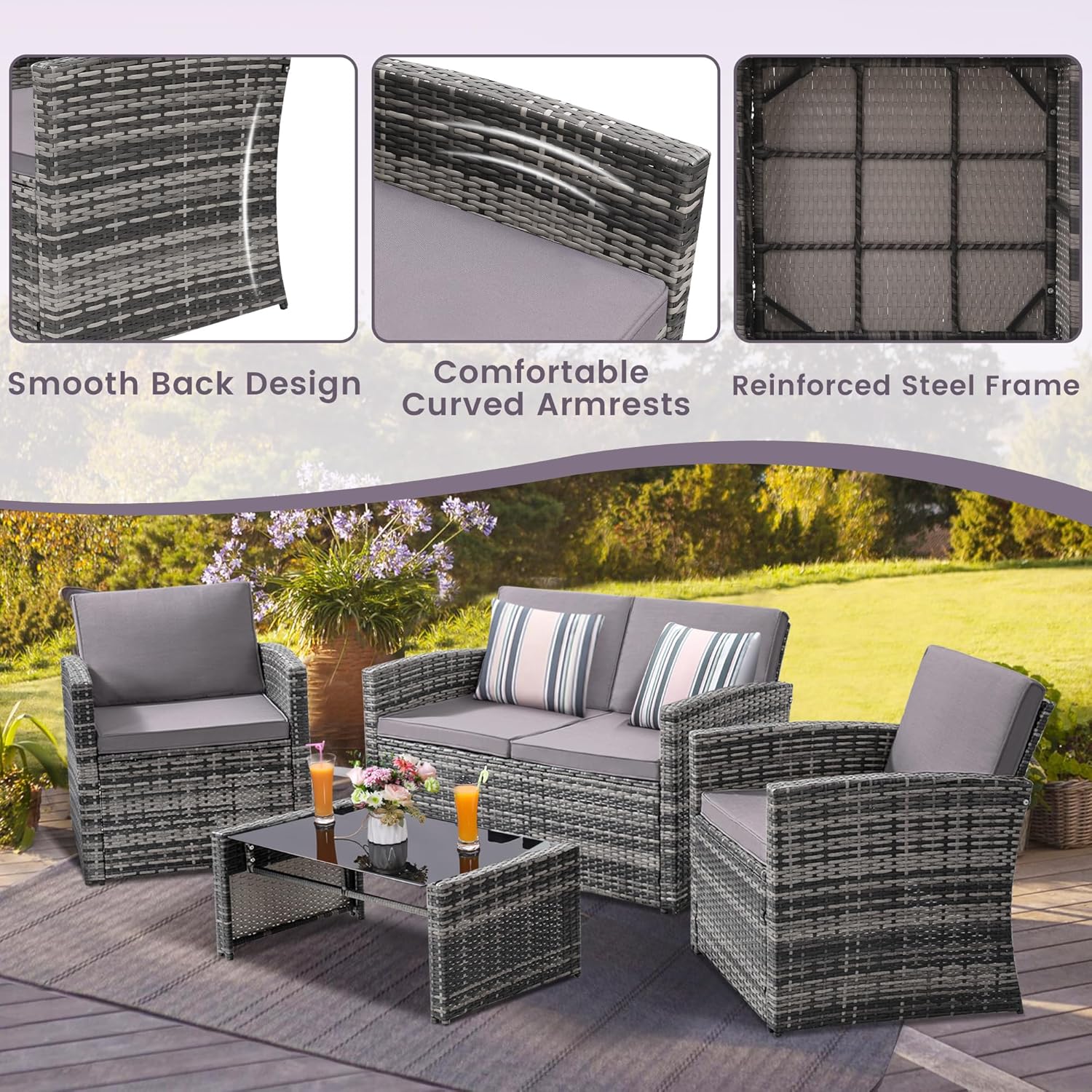 4 Pieces Patio Conversation Set, Outside Rattan Sectional Sofa, Cushioned Furniture Set, Wicker Sofa Ideal for Garden, Porch, Backyard, Grey Color Rattan and Light Grey Cushion